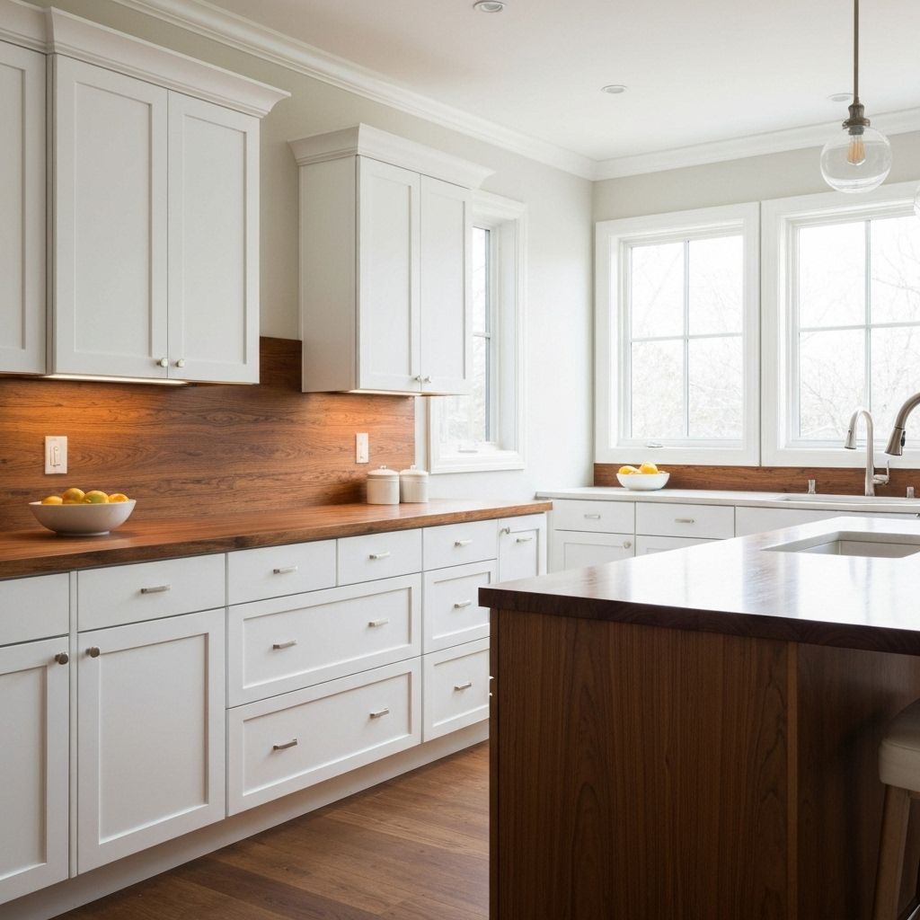 Custom kitchen cabinetry featuring white cabinets with wood accents by SAJO Custom Design